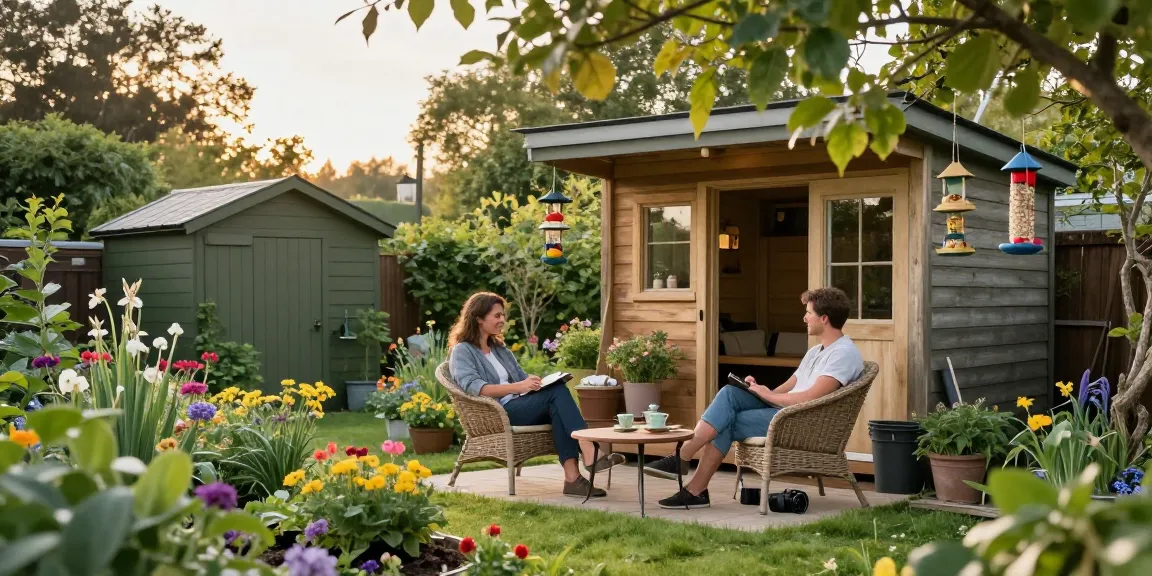 Entspanntes Paar im Gartenhaus umgeben von blühenden Pflanzen.