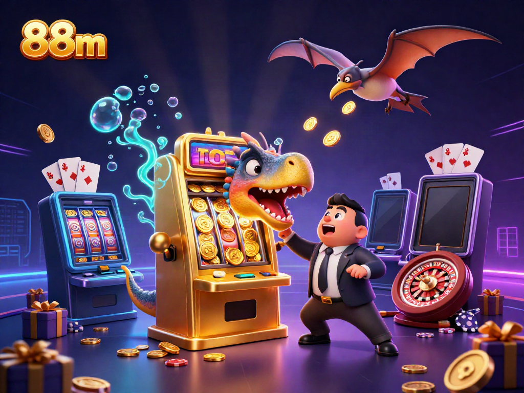 Exhilarating scene of 88m casino action, featuring a dinosaur winning coins from a slot machine, while managing chaos in a thrilling gaming environment.