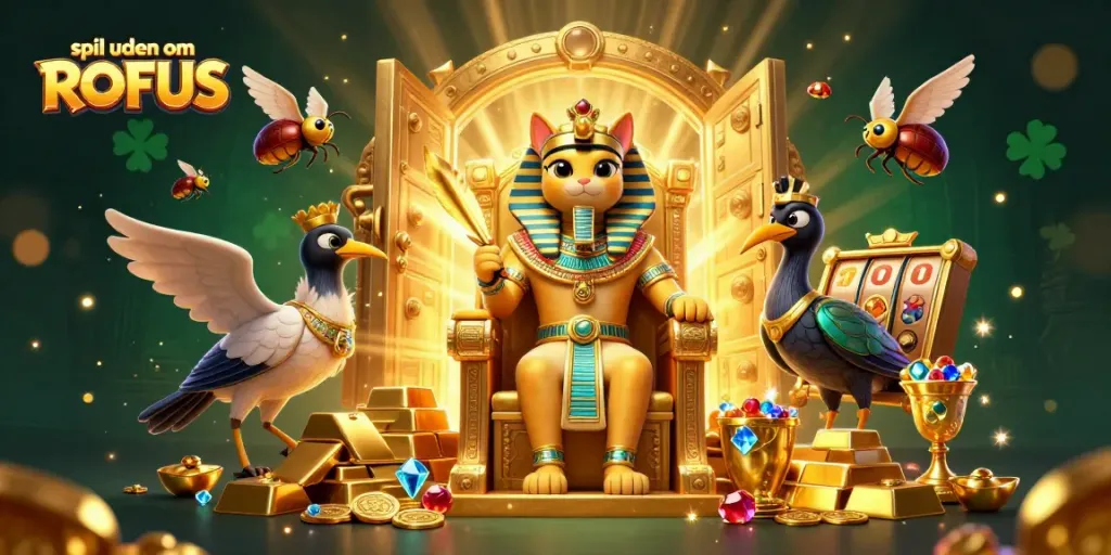 Engage in spil uden om ROFUS while enjoying a vibrant casino scene with treasures and dynamic game elements.