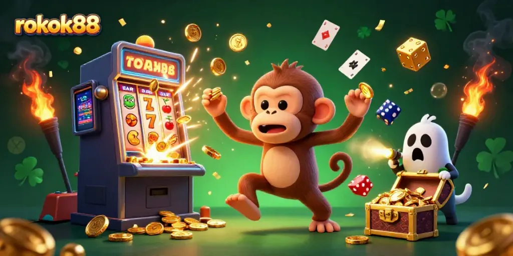 Permainan menarik di rokok88 dengan ilustrasi kasino penuh harta keberuntungan.