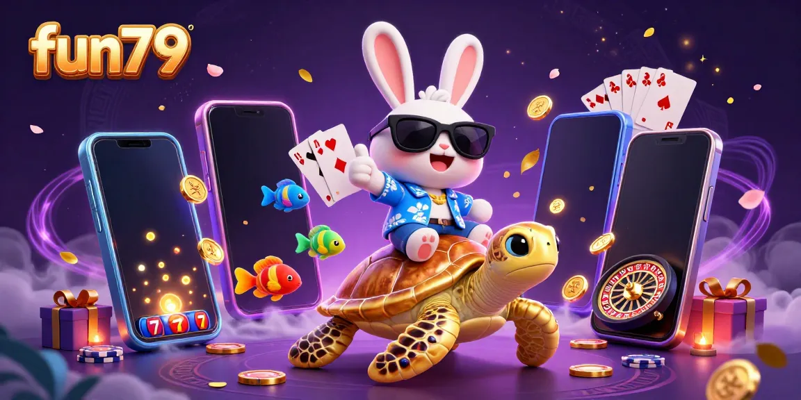 Join the fun79 adventure with a lucky rabbit and a golden turtle in a vibrant casino scene.