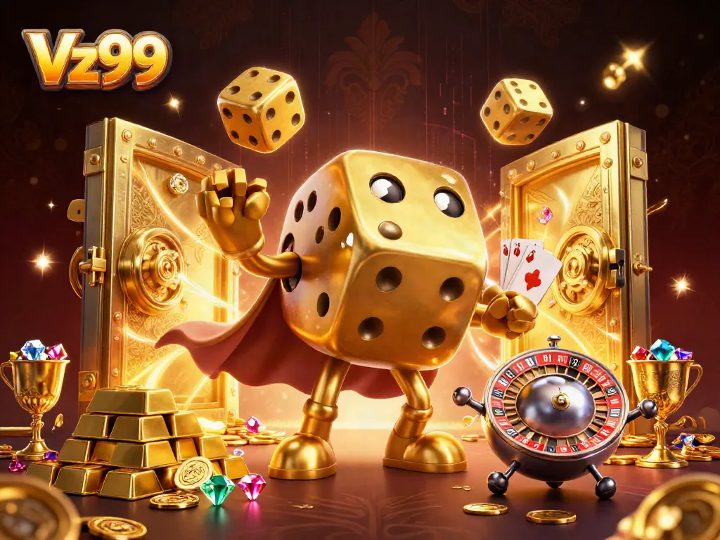 Experience the thrilling world of Vz99 with dazzling golden dice and opulent treasures in 3D.