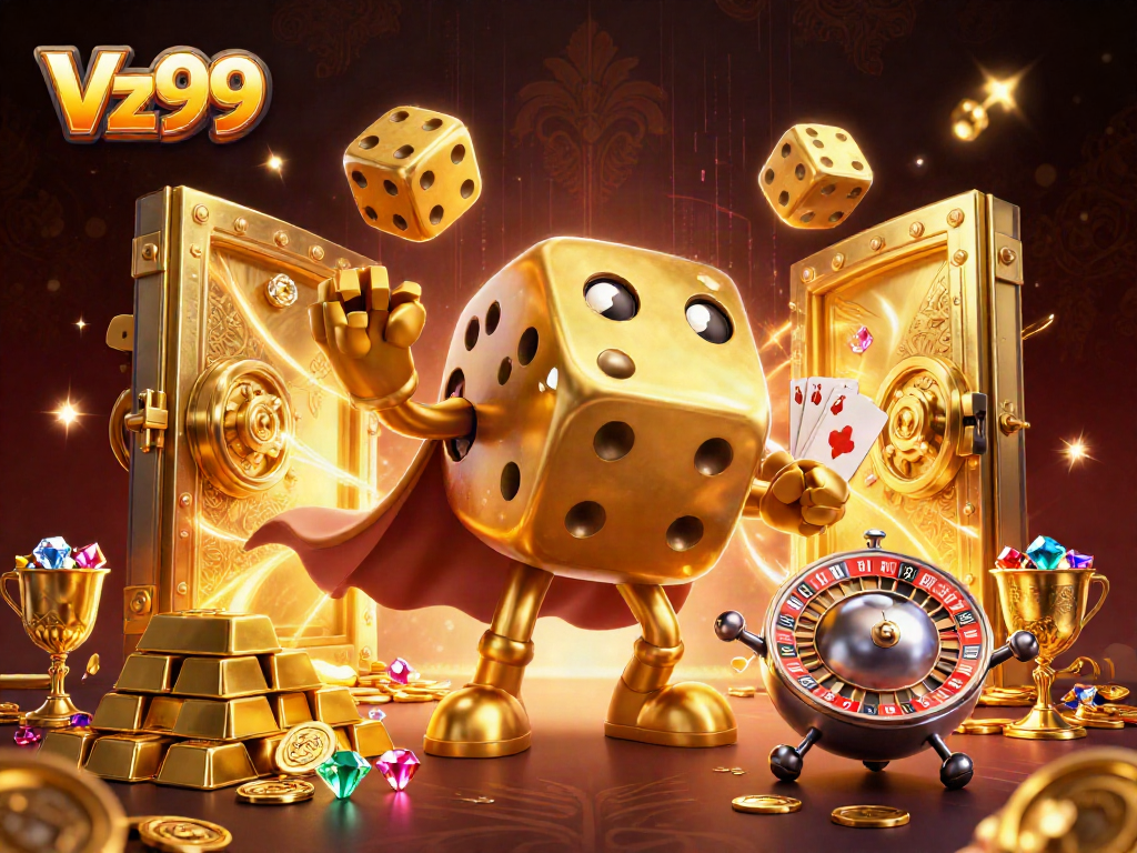 Experience the thrilling world of Vz99 with dazzling golden dice and opulent treasures in 3D.