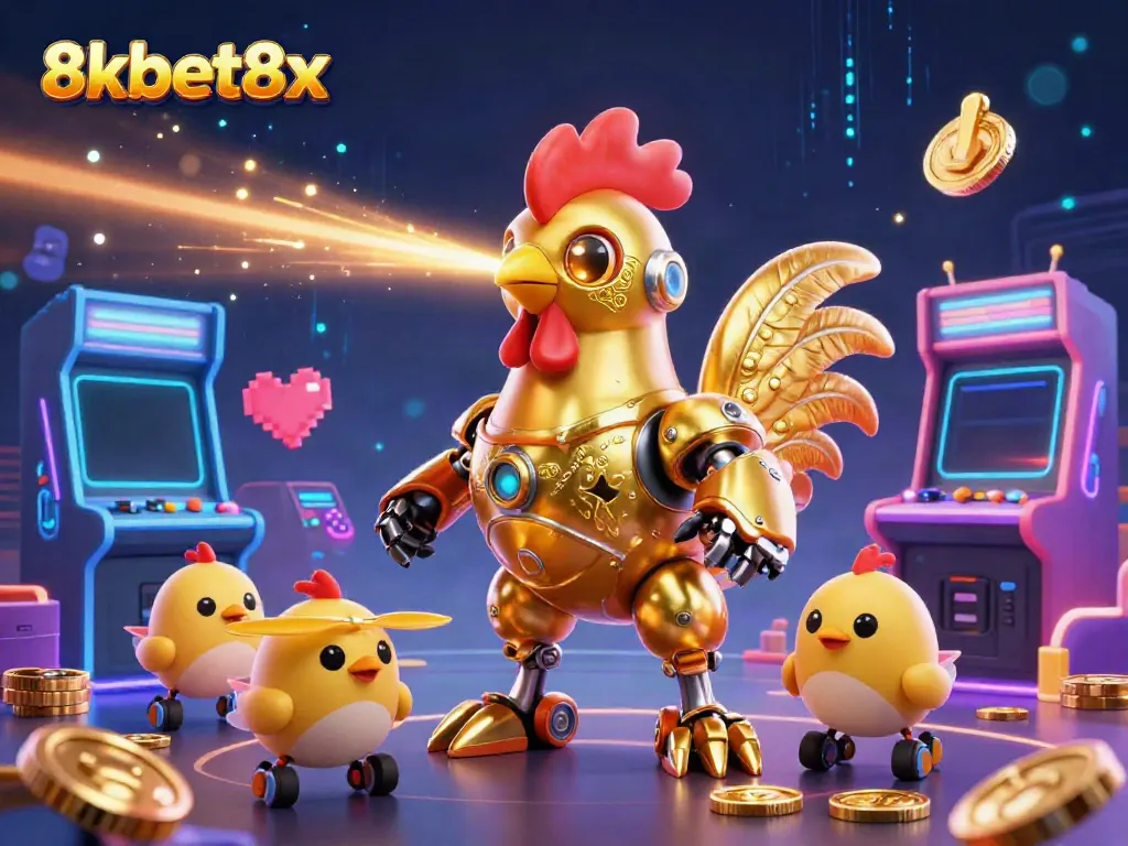Experience gaming thrills with the vibrant 8xbet8x illustration featuring a golden rooster robot and baby chick drones in a colorful casino!