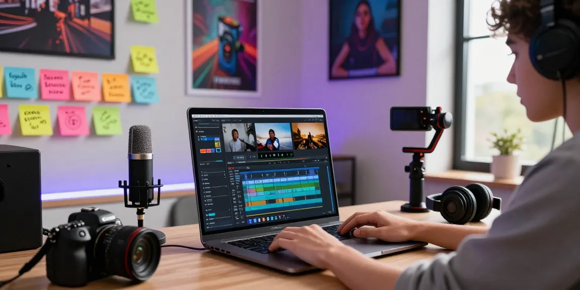 edimakor Video Editor im modernen Arbeitsbereich mit kreativen Ideen und Kameraequipment