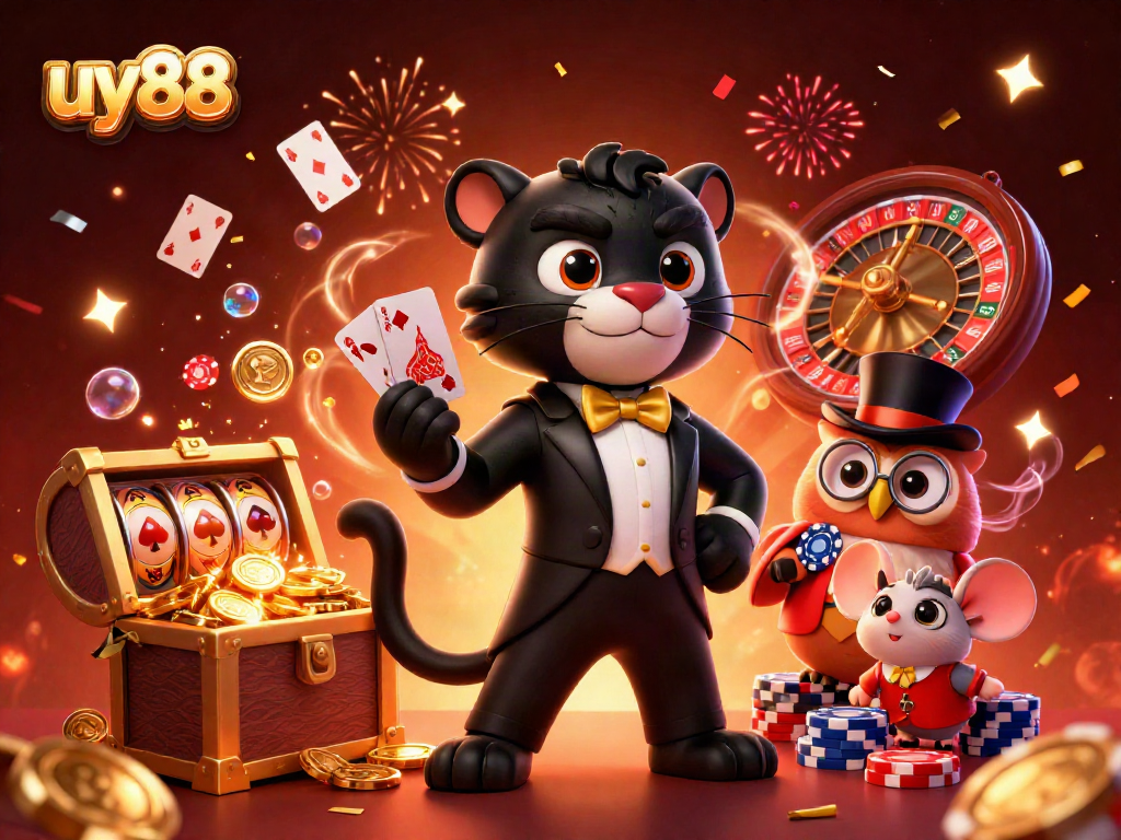 Engage with uy88's thrilling casino experience featuring a 3D cartoon panther, owl, and mouse amidst slot reels.