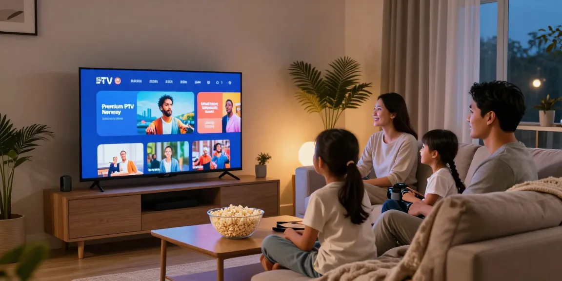Family enjoying Premium IPTV Norway service in a cozy living room with a smart TV.