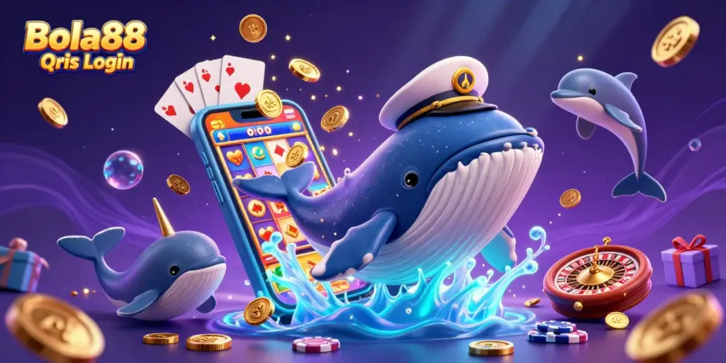 Bola88 Qris Login showcases a vibrant 3D cartoon scene with animated casino themes and playful sea creatures.