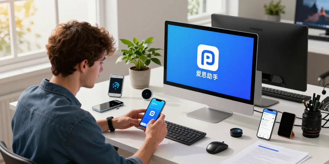 在现代科技工作空间中，技术人员使用爱思助手解决iPhone问题，展示设备管理和支持的高效。