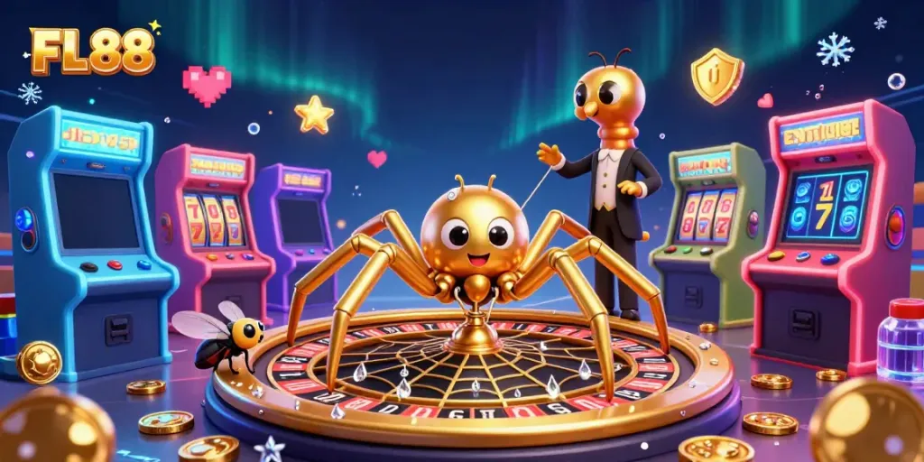 Engage in thrilling play with FL88 showcasing a golden spider web roulette, vibrant game elements, and characters.
