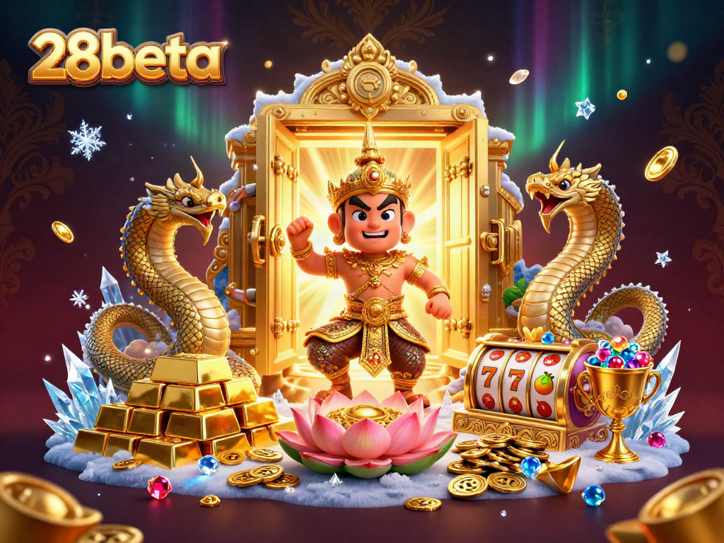 Experience the excitement of 28beta with a vibrant scene of a Thai temple guardian surrounded by treasures and gaming elements.