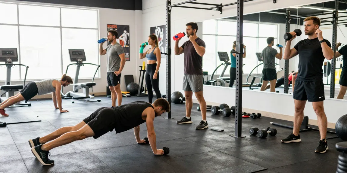 Deus Medical Fitness-Szenario mit Sportlern beim Training in hellem modernen Fitnessstudio.