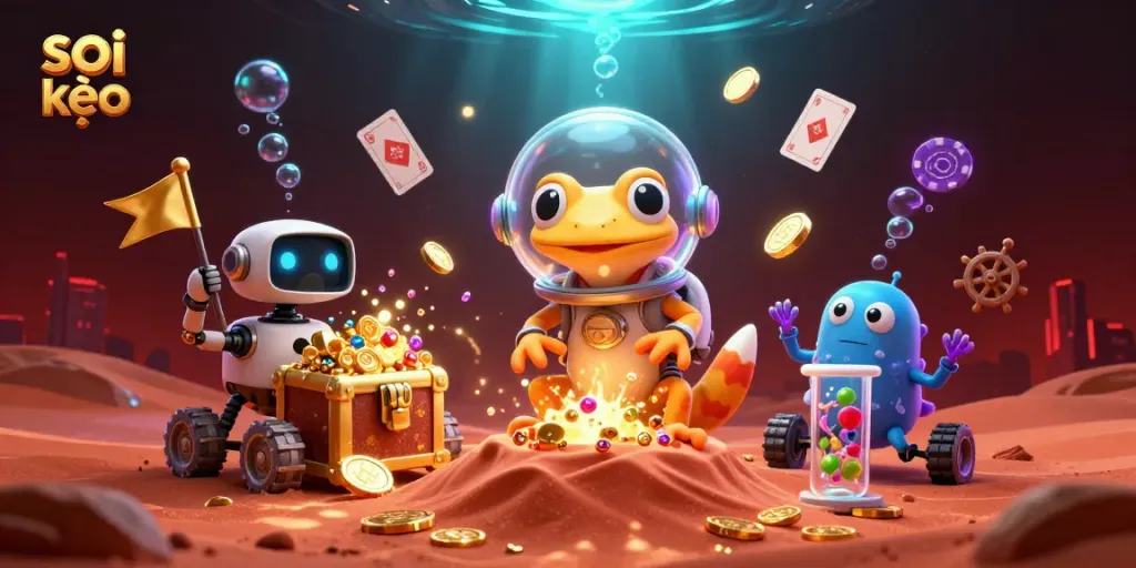 Soi kèo strategies illustrated with a Martian gecko exploring a vibrant casino scene amidst treasures and floating cards