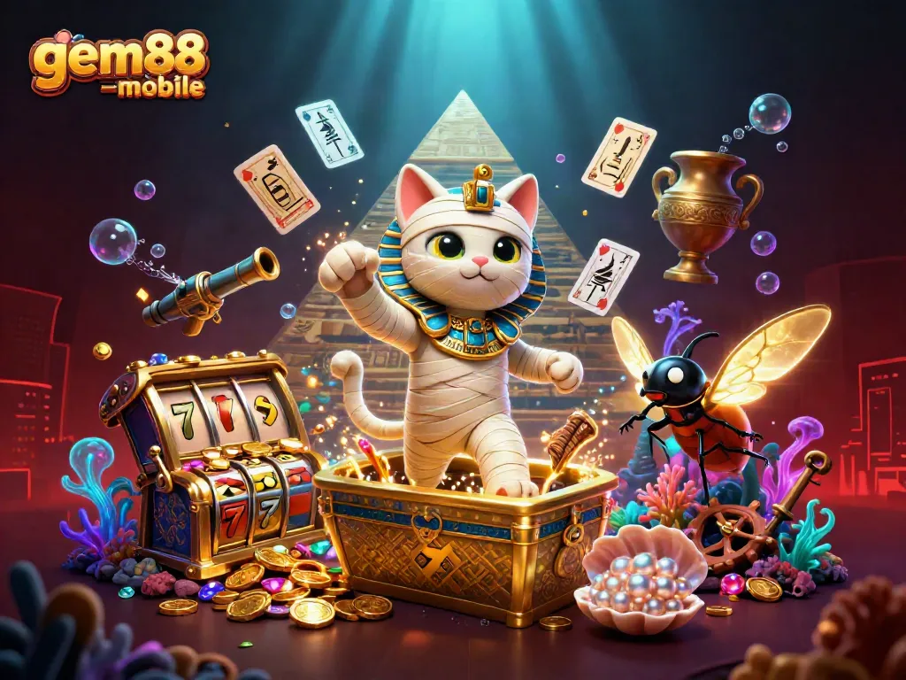 Experience the excitement of gem88-mobile with an Egyptian mummy cat and magical casino elements