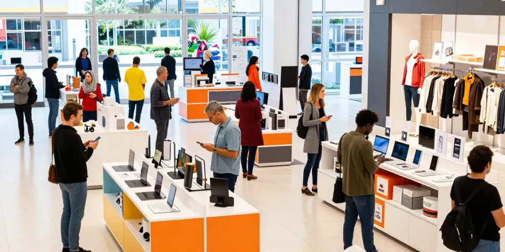 Shoppers exploring a vibrant retail space filled with diverse Produkte in a modern mall setting.