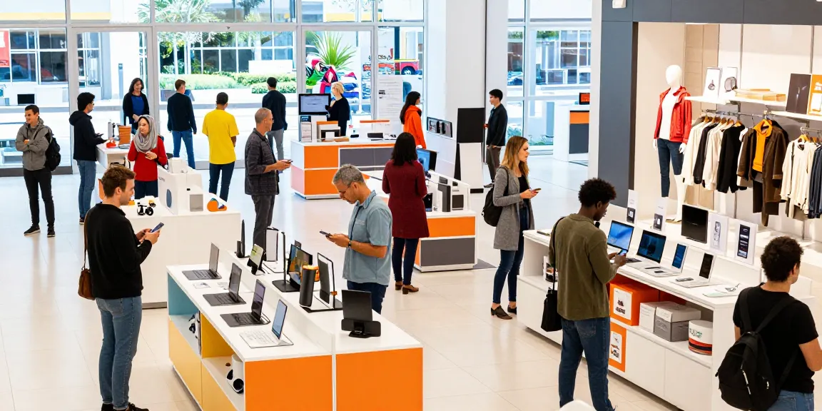 Shoppers exploring a vibrant retail space filled with diverse Produkte in a modern mall setting.