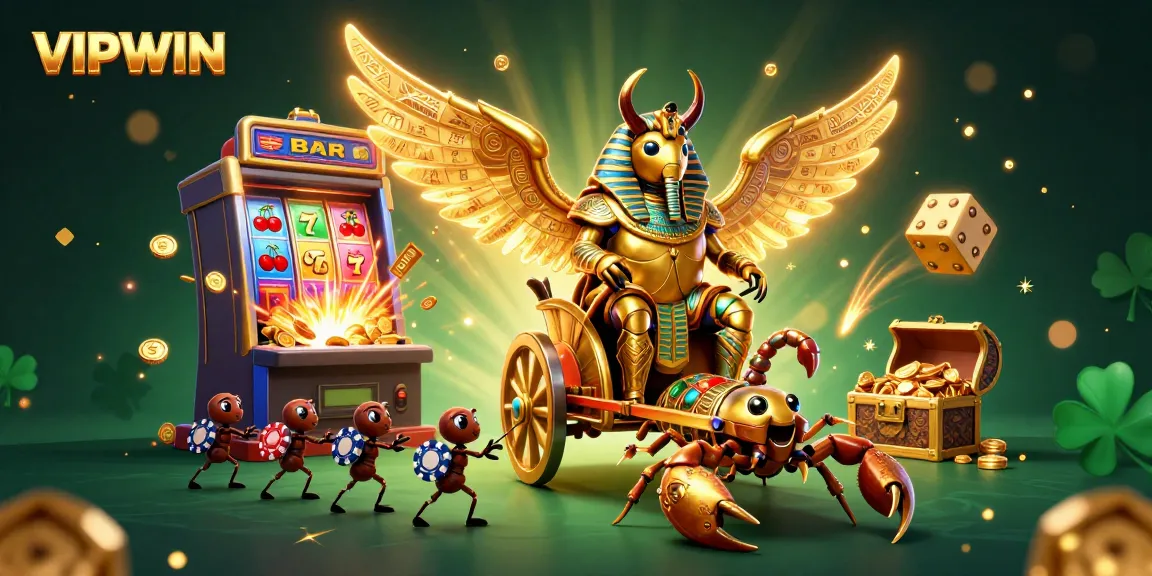 VIPWIN casino scene featuring a golden scarab beetle with casino elements like slot machines bursting coins, depicting gambling excitement.