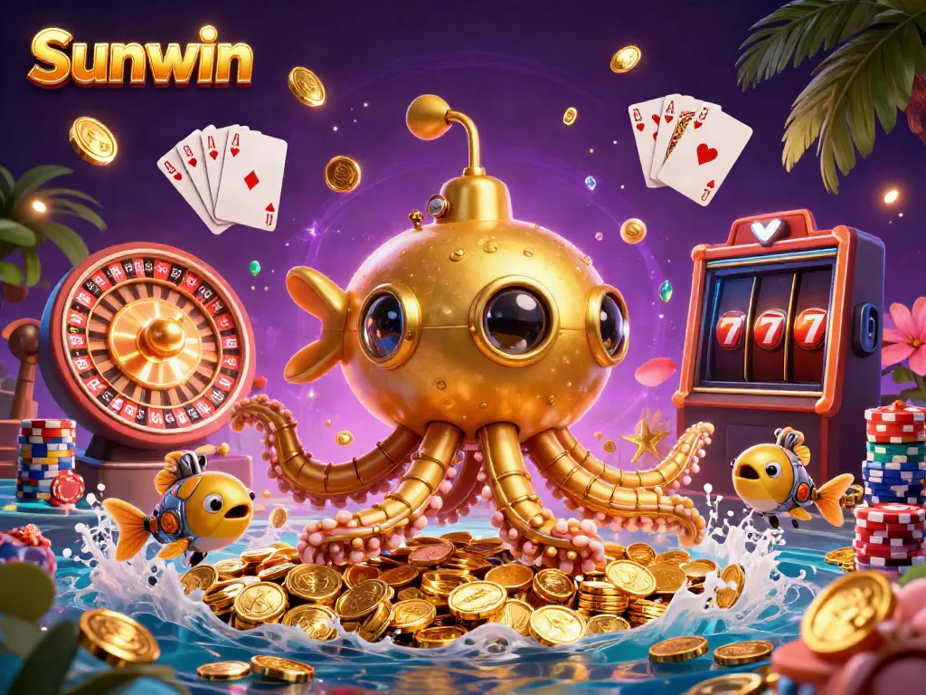 Experience thrilling gameplay at Sunwin with vibrant casino elements like golden coins, roulette, and poker.