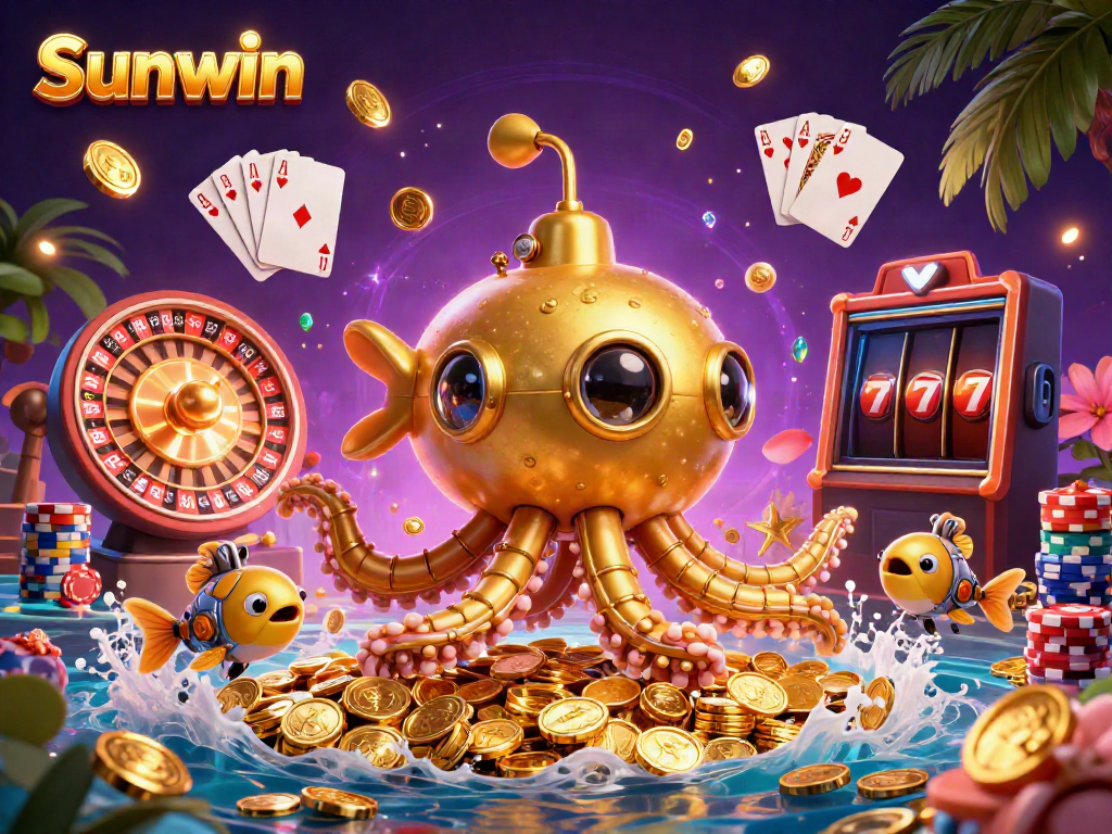 Experience thrilling gameplay at Sunwin with vibrant casino elements like golden coins, roulette, and poker.