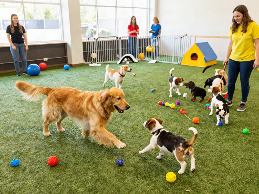 Doggy daycare scene with playful pets and enthusiastic staff showcasing slot88 fun and interaction