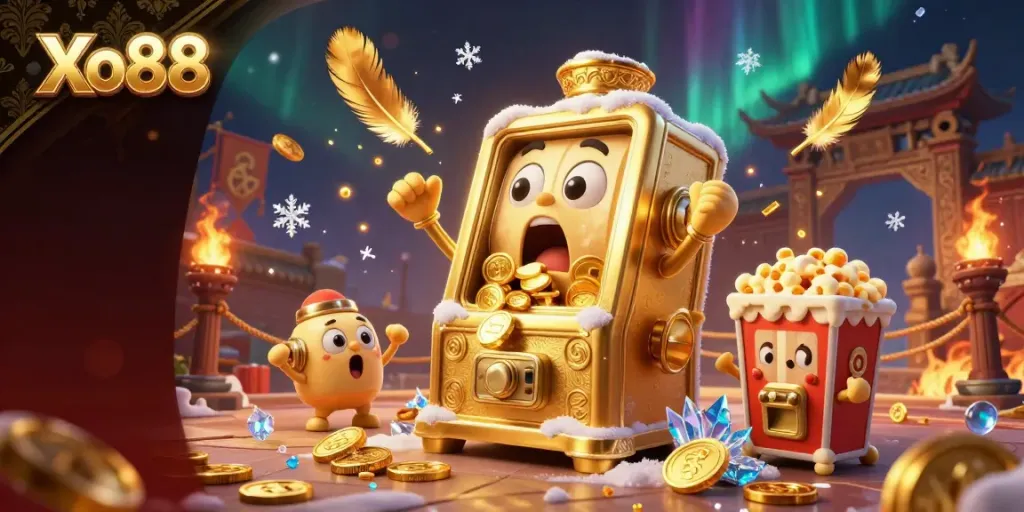 Experience Xo88 with a golden slot machine celebrating a jackpot amidst chaotic winnings and vibrant casino elements.