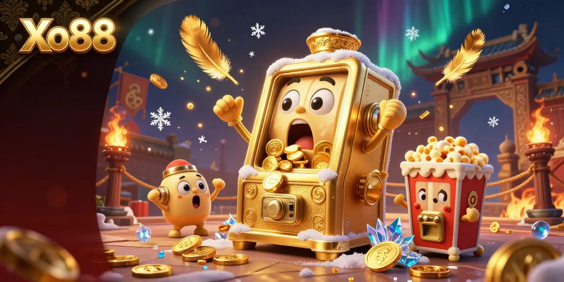 Experience Xo88 with a golden slot machine celebrating a jackpot amidst chaotic winnings and vibrant casino elements.