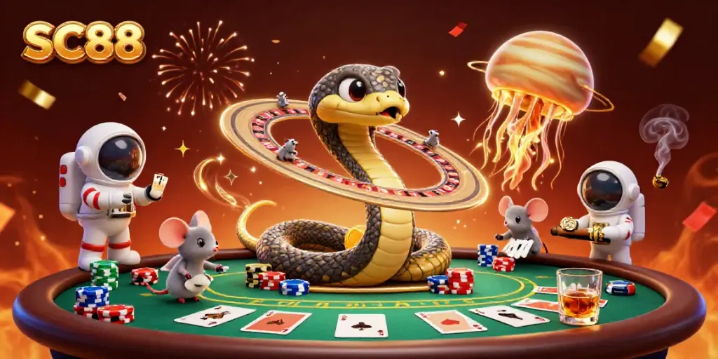 SC88 themed vibrant 3D casino scene with characters placing bets like gamblers at a roulette wheel.
