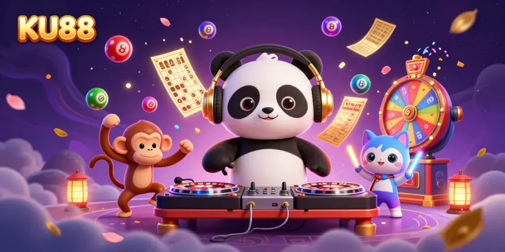 Experience high-energy gaming fun at KU88 with DJ panda, dancing monkey, and glowing kitten.
