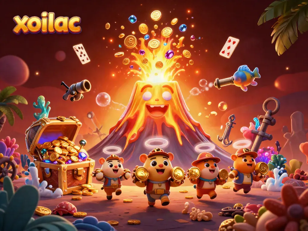 Experience the excitement of gambling at xoilac, showcasing treasures in a vivid volcanic scene.