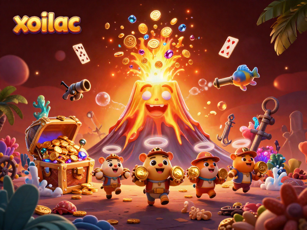 Experience the excitement of gambling at xoilac, showcasing treasures in a vivid volcanic scene.