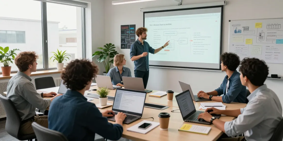 Build internal tools with AI in a dynamic workspace showcasing collaboration among diverse developers during tool presentation.