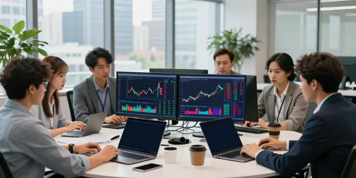 Das IronBridgeMarkets-Team bespricht Handelsstrategien in einem modernen Büro.