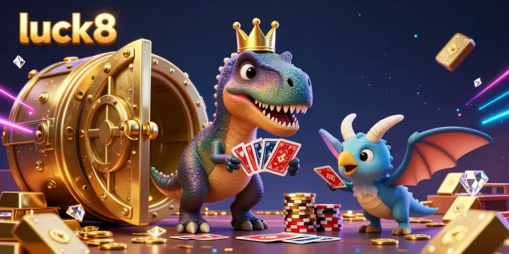 Experience the vibrant luck8 casino scene filled with animated dinosaurs and golden treasures.