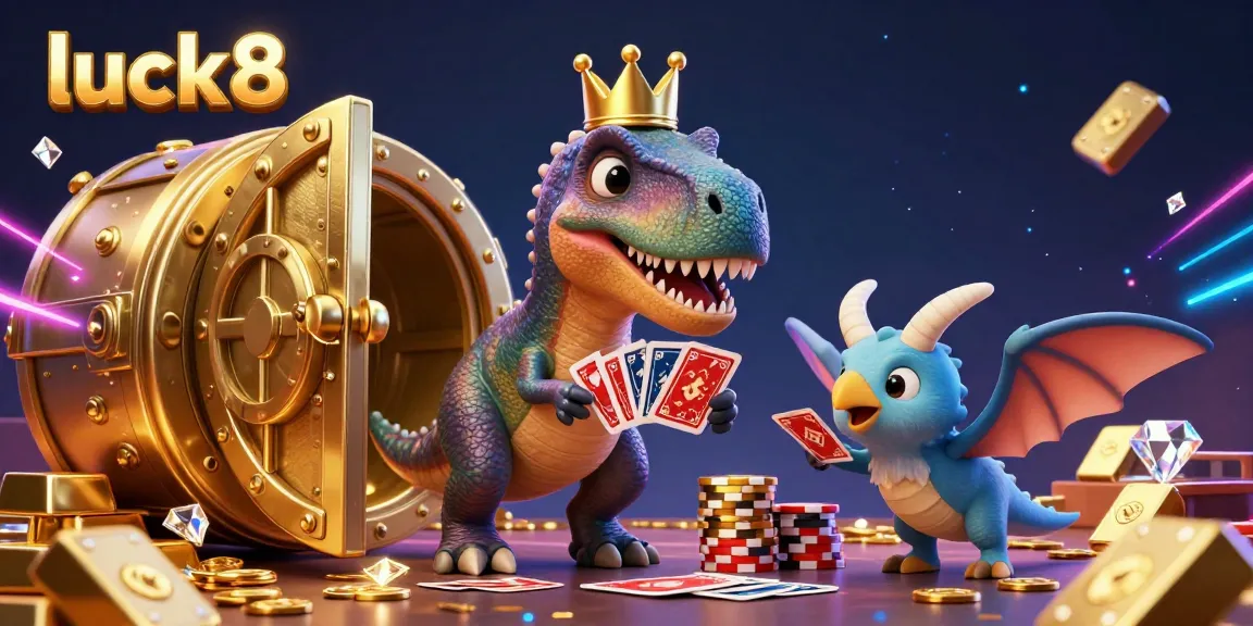 Experience the vibrant luck8 casino scene filled with animated dinosaurs and golden treasures.
