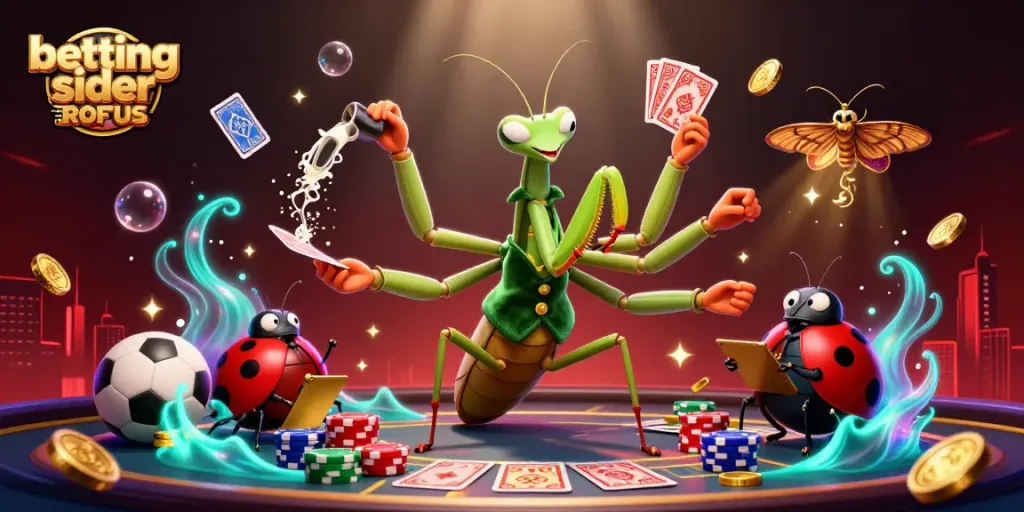 Engaging scene of betting sider uden ROFUS as a cartoon mantis card sharp deals cards with vibrant casino elements.