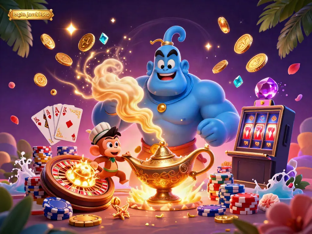 Engage in thrilling gameplay with the login jambitoto scene featuring a genie and treasure.