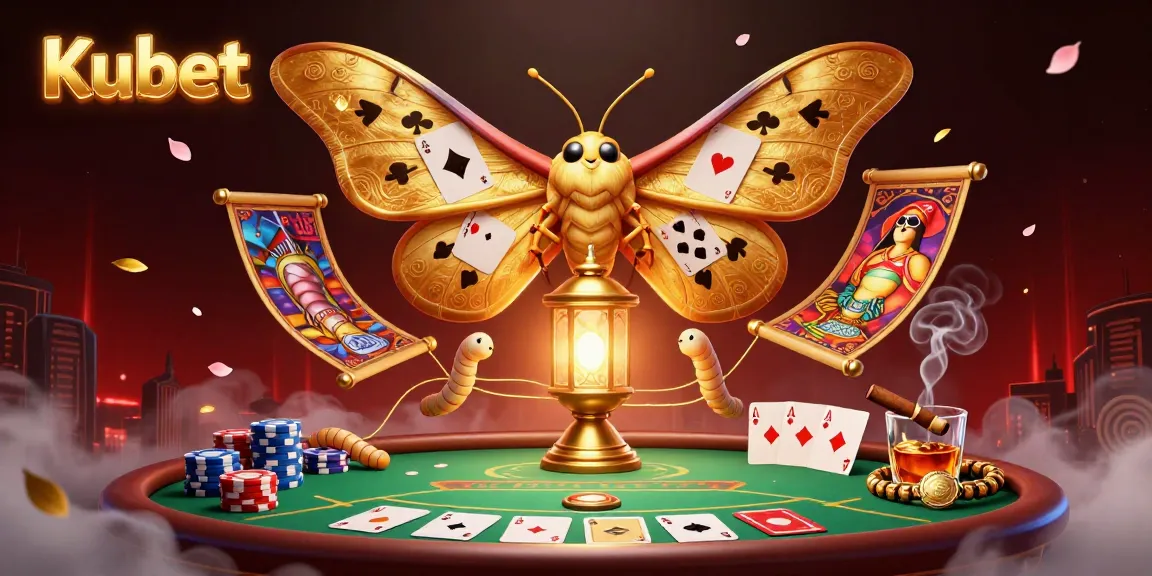 Kubet offers an immersive casino experience with golden moths, poker tables, and vibrant casino scenes.