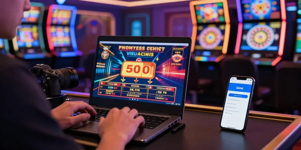 Spieler, der online im Casino avec itsme Belgien spielt, umgeben von Casino-Grafiken und seinem Smartphone für sichere Zahlungen.