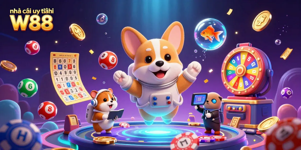 Experience thrilling gaming at Nhà cái uy tín W88 with an astronaut corgi in a vibrant casino environment.