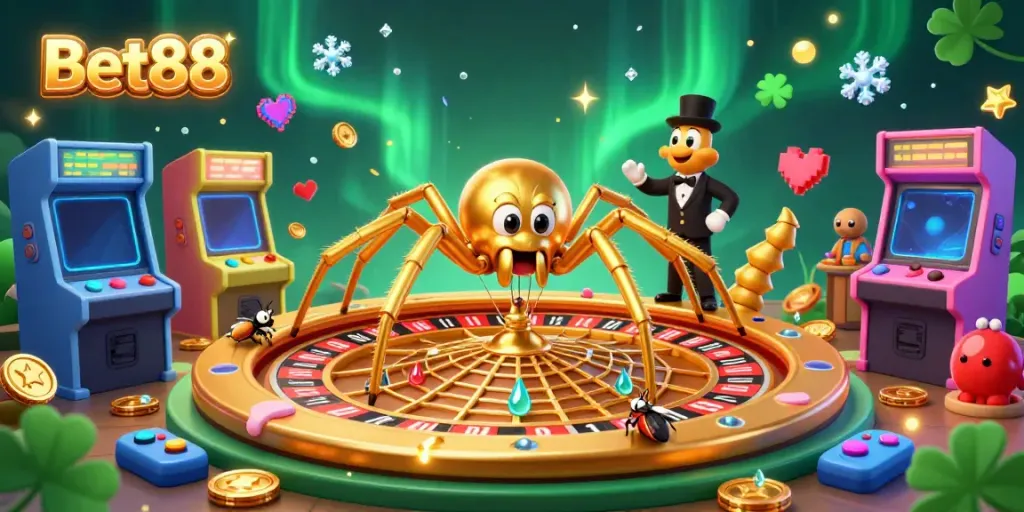 Bet88's exciting 3D scene with a golden spider and a fly amidst colorful games and casino elements.