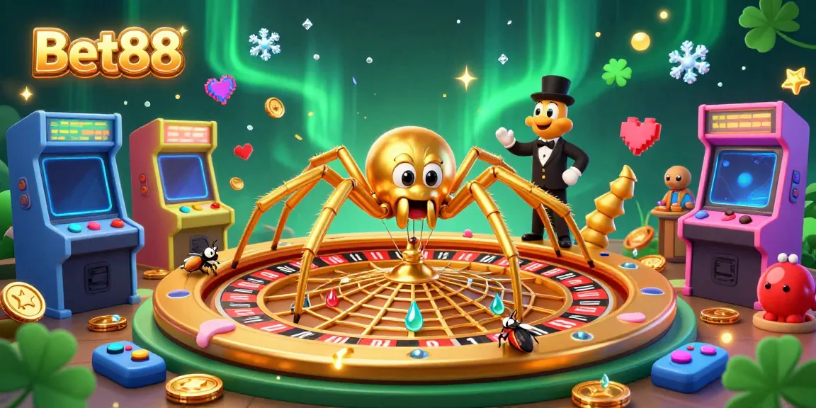Bet88's exciting 3D scene with a golden spider and a fly amidst colorful games and casino elements.