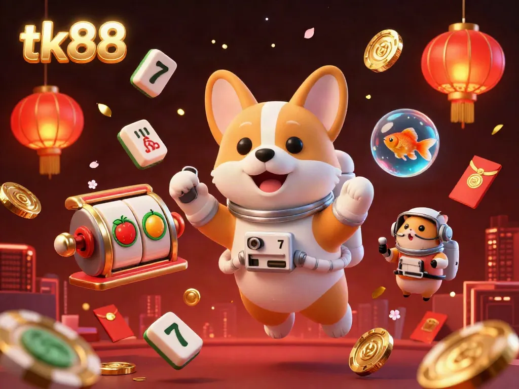 Engage in thrilling slots action with tk88 as a corgi astronaut explores a lively space casino.
