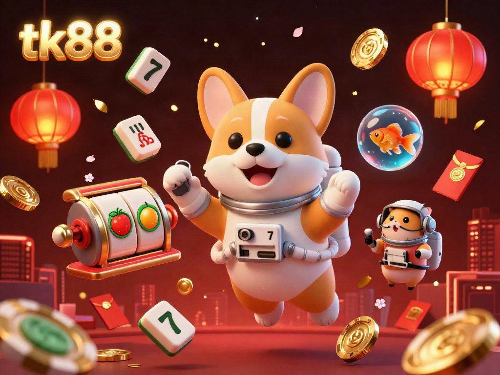 Engage in thrilling slots action with tk88 as a corgi astronaut explores a lively space casino.
