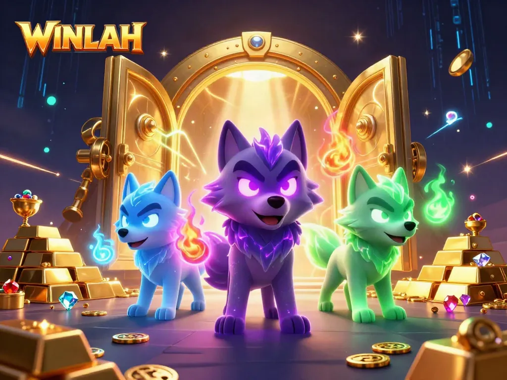 Experience the thrilling world of WINLAH with a dynamic 3D illustration of ghostly wolves and treasure.