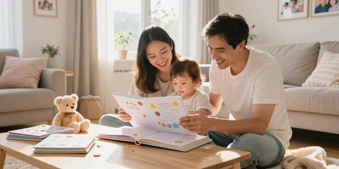 Fesselnder Familienmoment mit Babyalbum kaufen in einem gemütlichen Wohnzimmer.