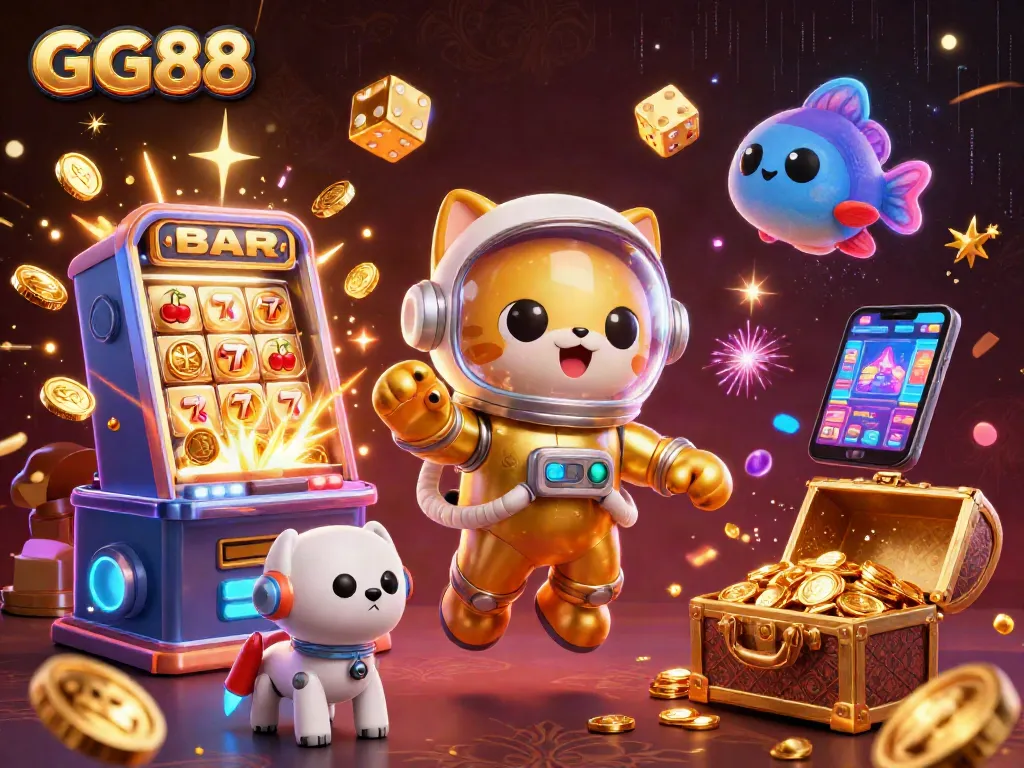 Engage in thrilling gaming with GG88, as a cat astronaut and robot dog explore a vibrant casino universe.