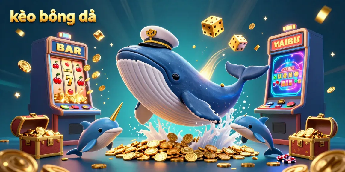Engage with kèo bóng đá through an immersive scene featuring a cartoon whale, narwhal, and dolphins, dazzling with casino elements.