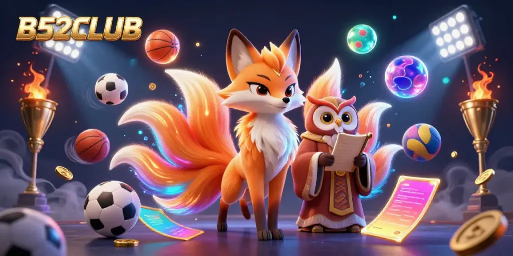 B52CLUB showcases vibrant gaming action with a nine-tailed fox spirit and sports elements in an engaging design.