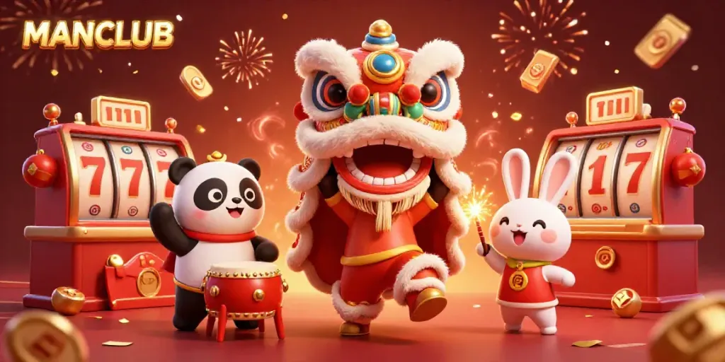 Engage in winning strategies at the MANCLUB casino with an animated lion dance and festive gambling elements.