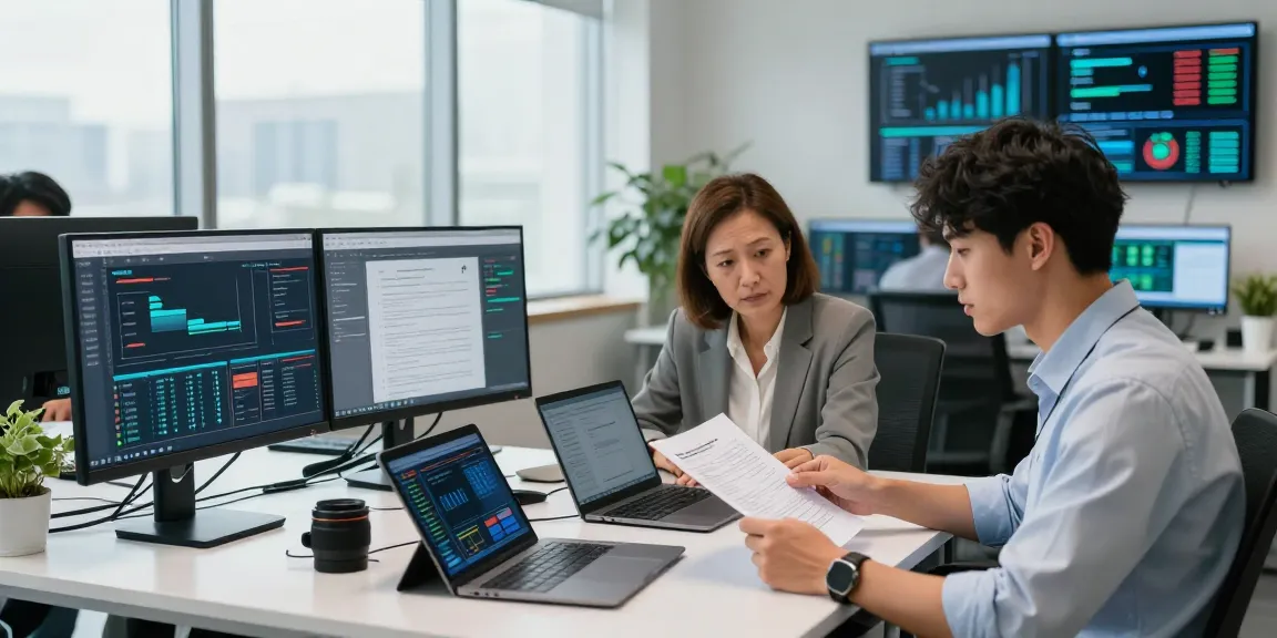 Document fraud detection analysts examining documents in a modern office using advanced technology and data visualization tools.